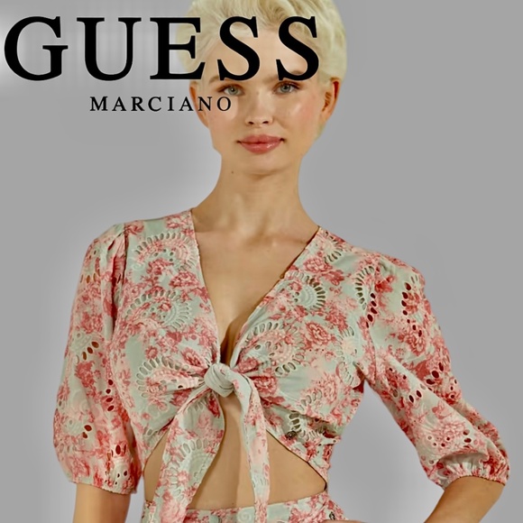 NWT GUESS Silvia Tie-Front Puff Sleeve Embroidered Eyelet Cotton Crop Top/XL - Picture 1 of 16
